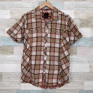PrAna Zoltan Slim Shirt Red Brown Plaid Casual Organic Cotton Mens Medium